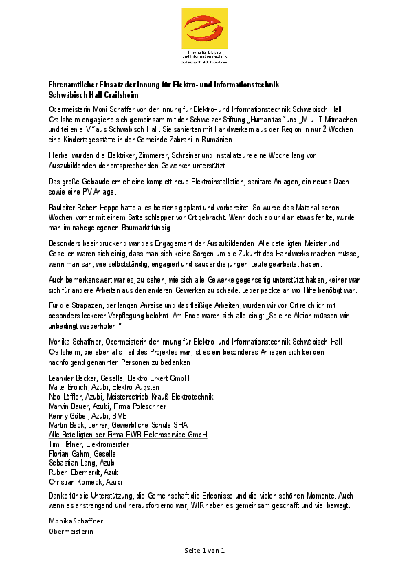 Pressemitteilung der Elektro Innung SHA-CR