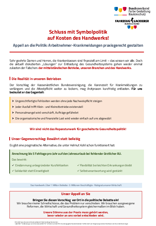 Folie 1: Schluss mit Symbolpolitik auf Kosten des Handwerks! Appell an die Politik: Arbeitnehmer-Krankmeldungen praxisgerecht gestalten